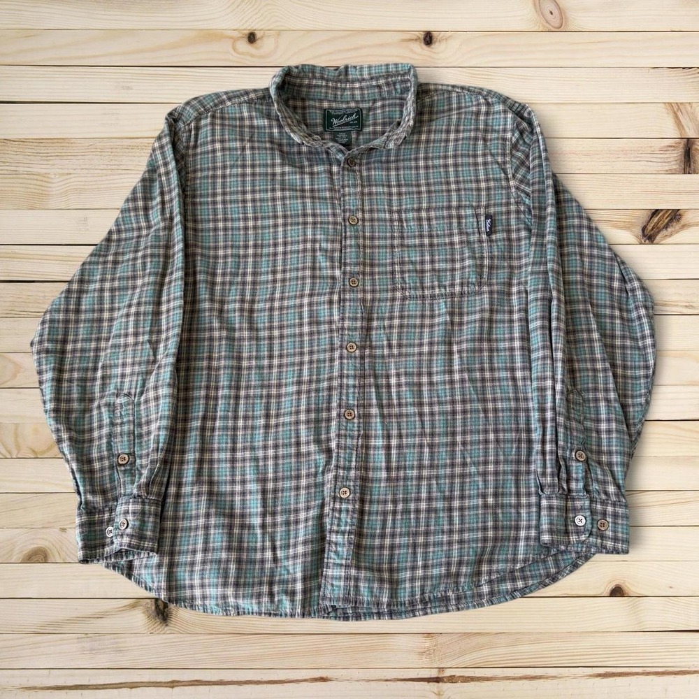 Woolrich Mens XL Plaid Flannel Button Down Shirt Teal Brown Long Sleeve Outdoor